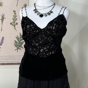 Vintage 90s Y2k Velvet Burnout Beaded Straps Cami Top Whimsigoth Romantic Goth M
